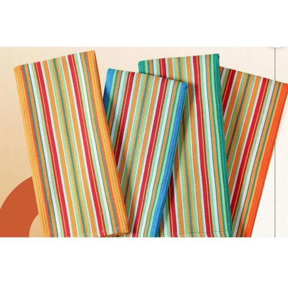 Set of 12 KITCHEN TOWELS -  Salsa Stripe Pure Cotton Absorbent Waffle Weave Dish